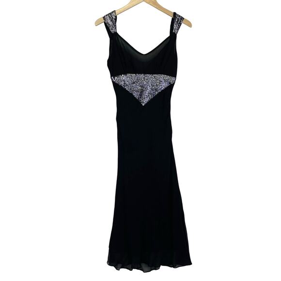 Vintage NOIR Silk Sequin Cocktail Dress Black Silver Midi Size S 90s Retro Glam - Picture 1 of 10